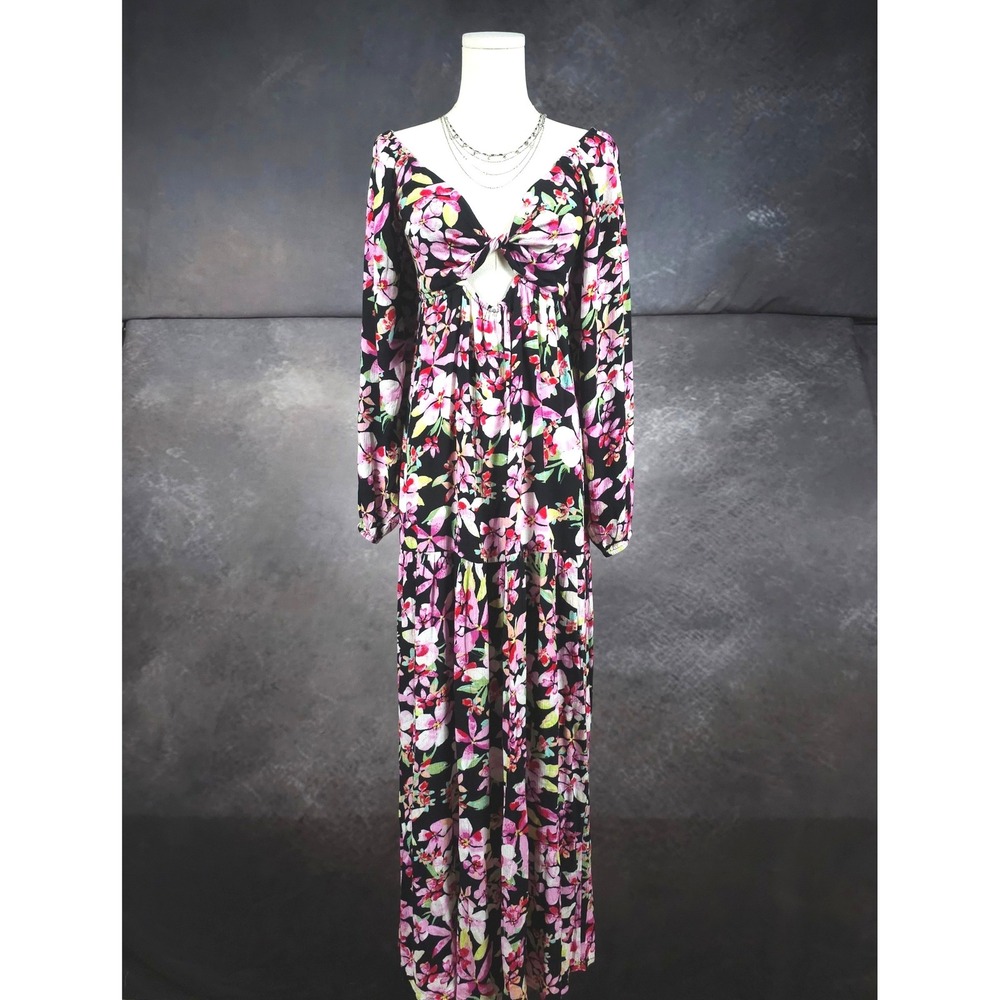 Roxy Floral Cutout Knot Front Maxi Dress Boho Flowy Cottagecore Black Pink S NWT